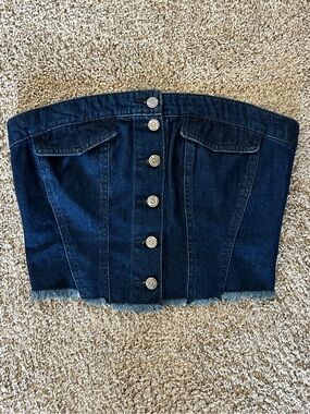 Y2K Inspired Denim Button-Strapless Corset Top - Dark Blue